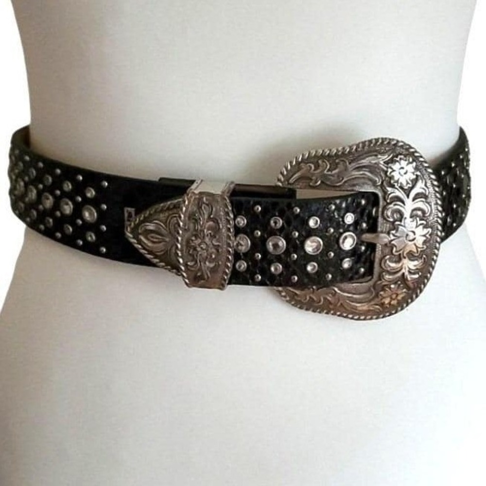 Ariat Black Leather Belt 26 Crystal Reptile Print Silver Tone Tooled Buckle Boho